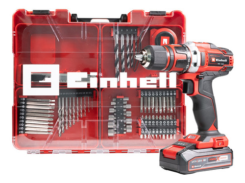 Taladro atornillador inalámbrico de 13mm Einhell TE-CD 18/40 Li +69 18V con maletín de transporte + kit 69 accesorios 110V/220V