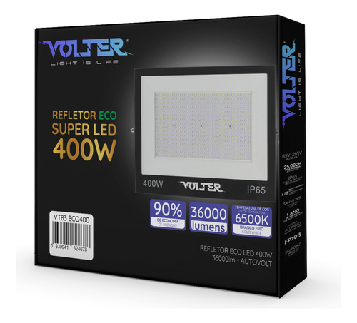 Kit 10 Refletor Led Volter Ecônomico Ip65 400w 6500k Holofote Preto 36000lm Luz Branco Frio