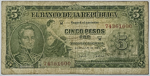 Billete 5 Pesos 20/jul/1960 Colombia F-vf