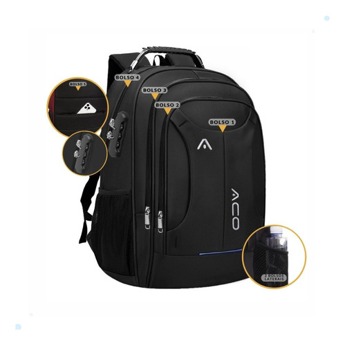 Mochila Bolsa Masculina Notebook Impermeavel Reforçada Usb Cor Preta -m2102 Desenho Do Tecido Liso