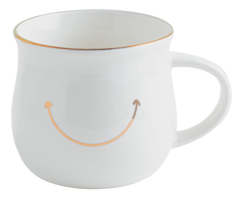 Linda Taza De Café Blanca Con Sonrisa Dorada Y Borde Curvo D