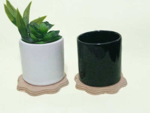 Floreros / Macetas De Cerámica Con Base De Madera