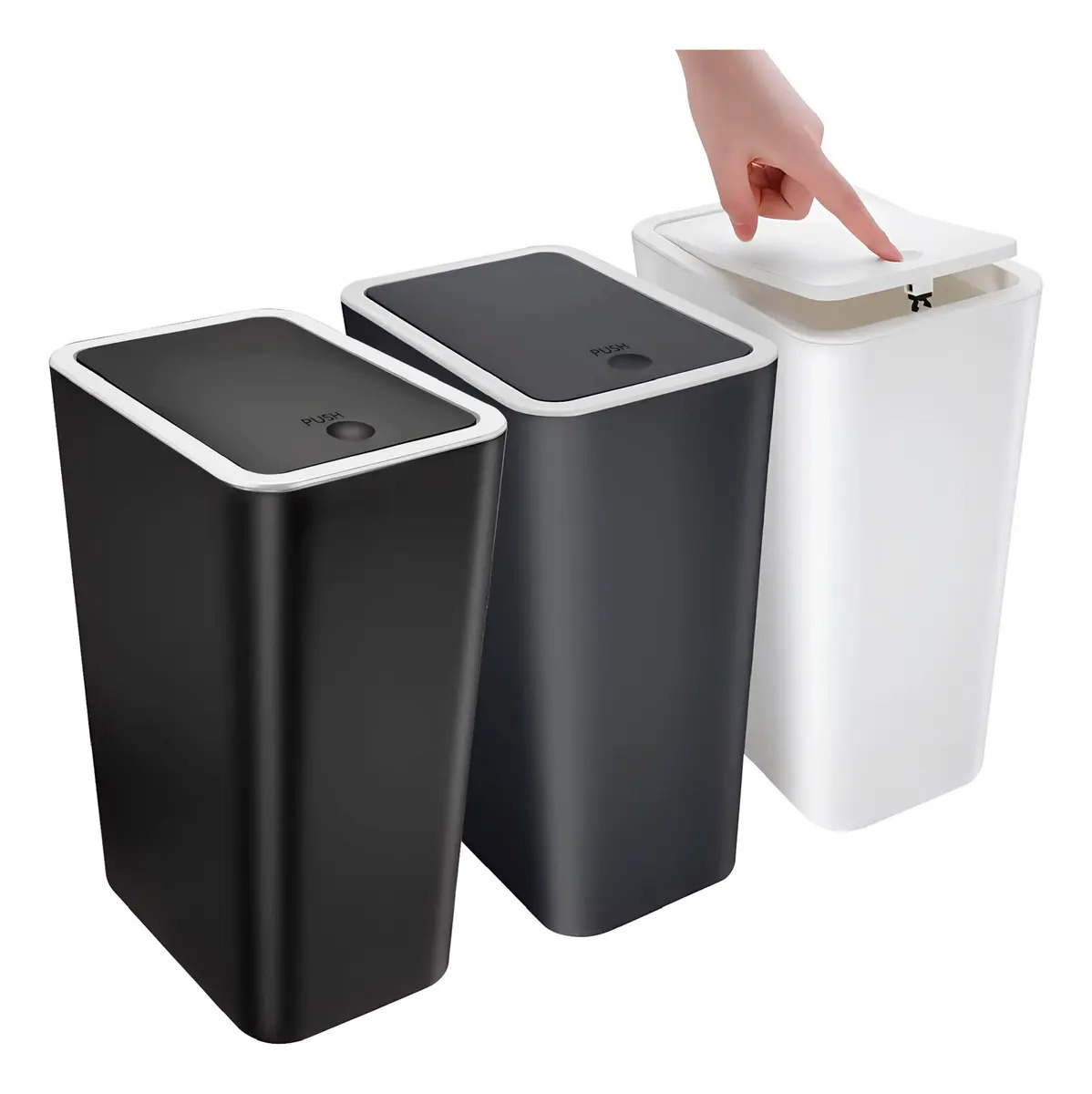 Magma Life Set De 3 Botes De Basura De Plástico 11 Litros, 22x15.5x33 cm, Cestos Resistentes e Impermeables, Sellado De Olores, Negro, Gris y Blanco, Ideales Para Baño, Cocina, Ofi