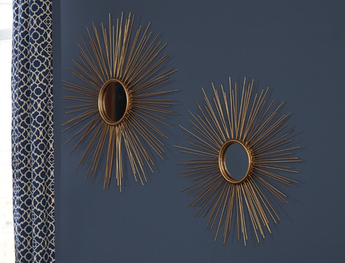 Imagen 3 de 3 de Set De Espejos Pared Dorados Doniel | Espejo En Forma De Sol
