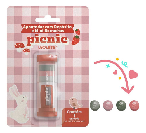 Apontador Com Depósito E Mini Borrachas Picnic Leo & Leo Cor Rosa-chiclete