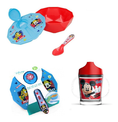 Bowl Con Tapa Y Cuchara Mickey Cars+ Vaso Con Pico Y Manijas