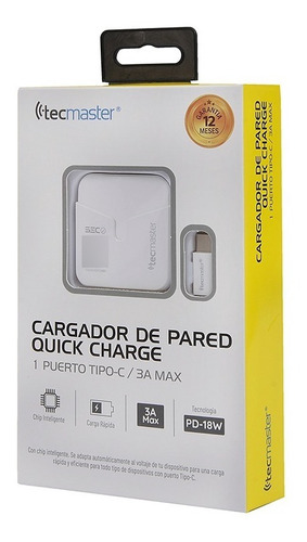 Cargador Pared 1 Usb Tipo C 3a Tecmaster Blanco Tecnocenter