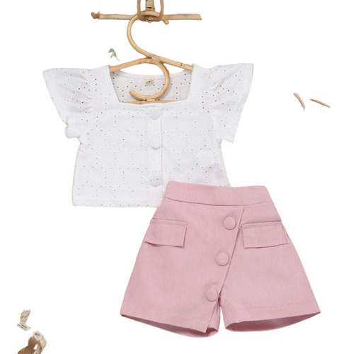 Conjunto Niña Dos Piezas Blusa + Falda Short Rosada 