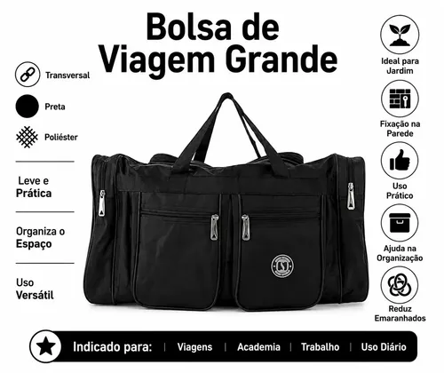 Bolsa Transversal Grande Preta Viagem Avião Mala de Mão Espaçosa Leve Resistente Alça Ajustável Marianopole