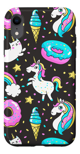 iPhone XR Unicornio Cat Rainbow Donuts Pink Aqua &amp; Black