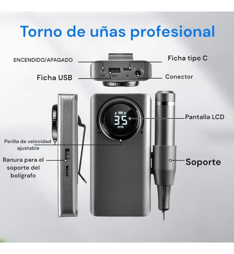 Torno Eléctrico Inalámbrico Para Uñas 35.000rpm Usb+6 Fresas Gris