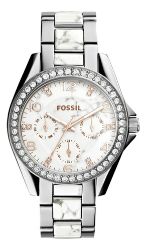 Reloj Fossil Mujer Es3973 Malla Plateado Bisel Plateado Fondo Blanco