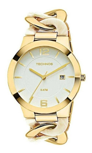 Relógio Technos Dourado Feminino Unique Com Calendário Luxo Cor da correia Dourado c/ Branco Cor do fundo Branco