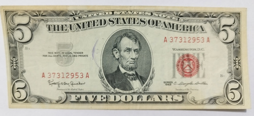 Billete 5 Dollares Usa Sello Rojo Lincoln 1963 Sk10
