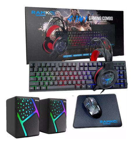 Kit Gamer 5 En 1 Parlantes, Teclado, Audífonos, Mouse, Pad