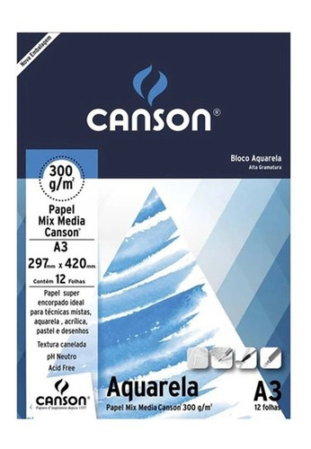 Bloco Papel Aquarela Universal Student Canson 300gr A3 12fls