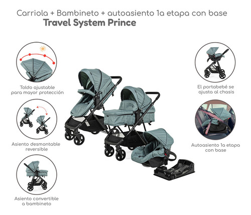 Carriola D Bebe Travel System Prince Con Autoasiento Color Negro Chasis Verde