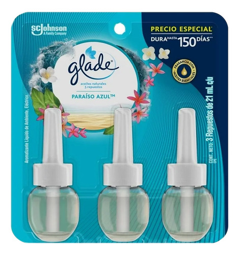 6 Pz - Glade Plug Ins Aceites Natural 3pk 21ml Paraiso Azul