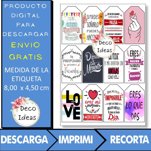 Imagen 3 de 4 de Kit Imprimible 04 Frases Bonitas A Color Tag Etiqueta Stiker