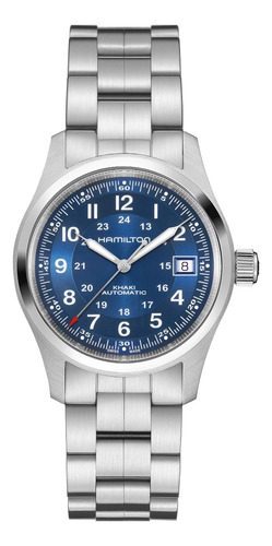 Reloj Hamilton Khaki Field H70455140 Unisex Correa Plateado Bisel Plateado Fondo Azul