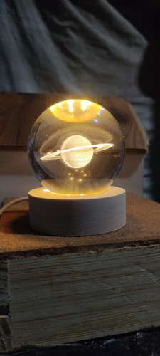 Lámpara 3d De Noche, Base De Madera Y Bola De Cristal