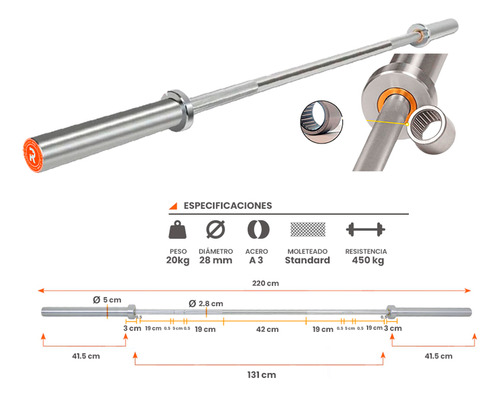 Barra Olímpica 20 Kilos Profesional 4 Rodamientos 2.2 Metros