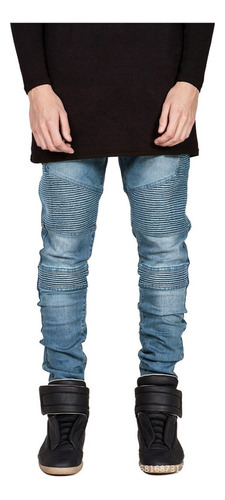 General Biker Jeans Hombres Moda Slim Con Arrugado Diseño