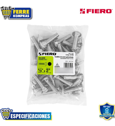 Tornillo Tipo Coche, 1/2 X 2', Bolsa Con 30 Pz Fiero 44748