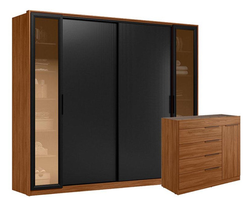Cômoda Lume E Guarda Roupa Casal Laredo Nogueira Preto Flex