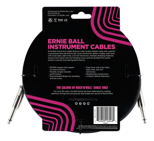 Imagen 2 de 2 de Ernie Ball Cable Para Instrumento P06048 3 Mts Negro