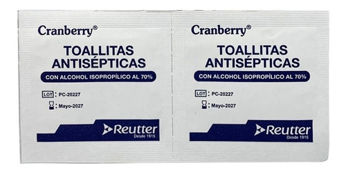Toallitas Antisepticas Alcohol 70% Cranberry Caja 100 Unds