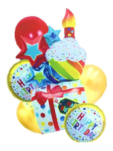 Kit Globos Feliz Cumpleaños Colores Con Vela Topper