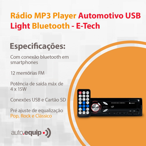 Imagem 10 de 10 de Som Mp3 Player 1din Usb Sd Radio E-tech Fm Bluetooth Carro