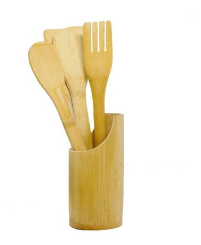 Kit Utensílio Bambu Com 5 Peças Mais Suporte Para Cozinha