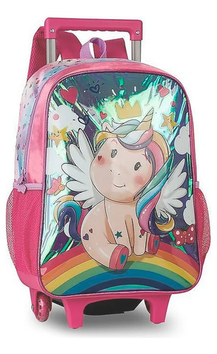 Mochila Infantil Rodinha Carrinho Unicórnio Menina Feminina Cor Rosa Desenho do tecido Unicórnio Holográfico