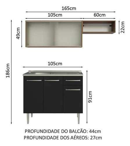 Armário De Cozinha Compacta 165cm Com Pia Emilly Madesa 05 Cor Rustic/Preto