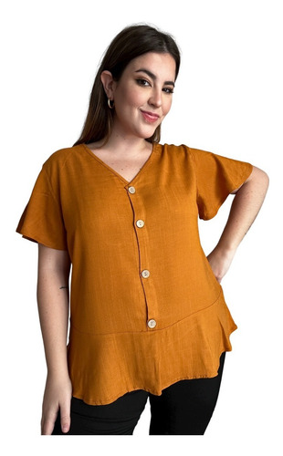 Imagen 4 de 6 de Blusa De Lino Con Botones Mujer Talle Grande.