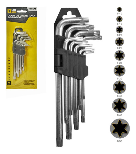 Jogo De Chave Torx Tipo L Torque Longo Cromo Vanádio 9 Peças