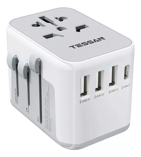 Adaptador de enchufe de EE. UU. a Reino Unido, 2 unidades, convertidor de  viaje tipo G con 4 tomacorrientes, 3 cargadores USB (1 puerto USB C)