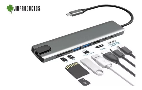 Hub Adaptador 8x1 Tipo C Hdtv / Sd / Tf / Usb 3.0 / Pd / Lan