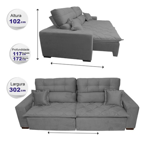 Sofá 3,02m Retrátil E Reclinável Cama Inbox Confort Cinza Desenho do tecido Liso