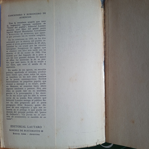 Miguel Hernández Cancionero Y Romancero De Ausencias A1763 (Usado)