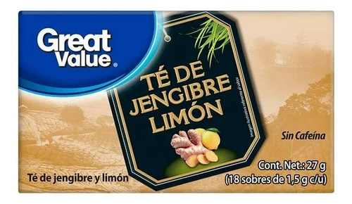 8 Pzas Té De Jengibre Y Limón Great Value 18 Sobres 1.5 G C