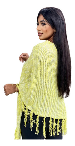 Poncho Tricot Em Fio Mousse Estilo Boho Com Franja Ref: 39