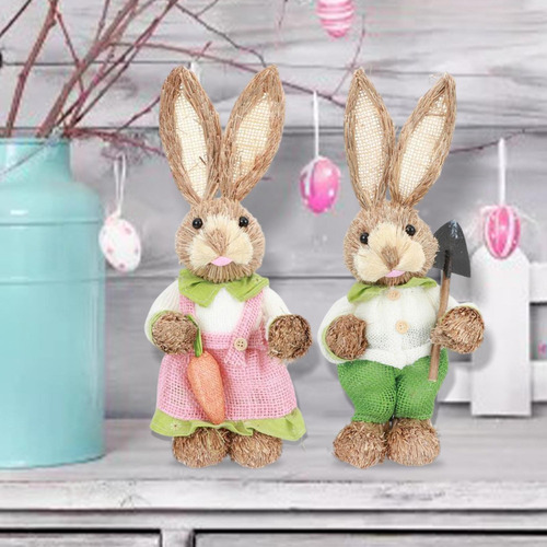 8x Conejo De Pascua De Paja Decoración Foto Atrezzo