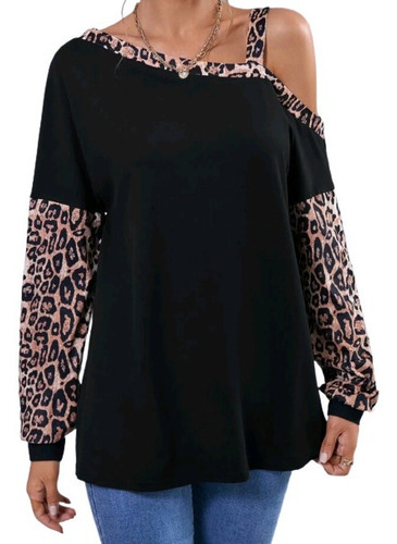 Blusa Asimetrica Leopardo Negra Mujer