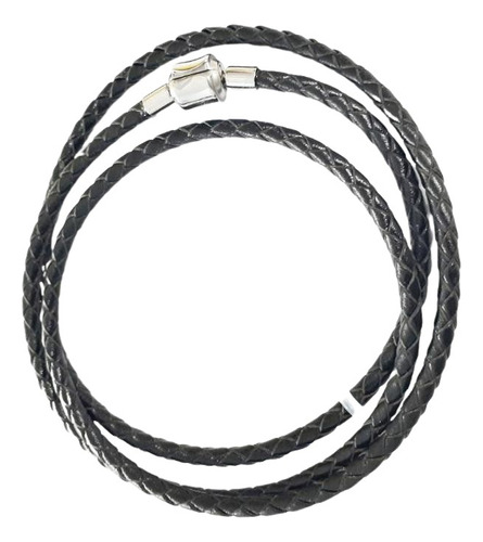 Pulseira De Berloque Couro Preto Tres Voltas Banho Prata