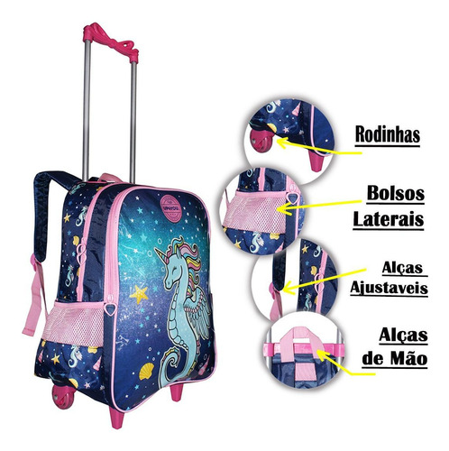 Mochila Rodinhas Cavalo Marinho Meninas Escolar Rosa Cores