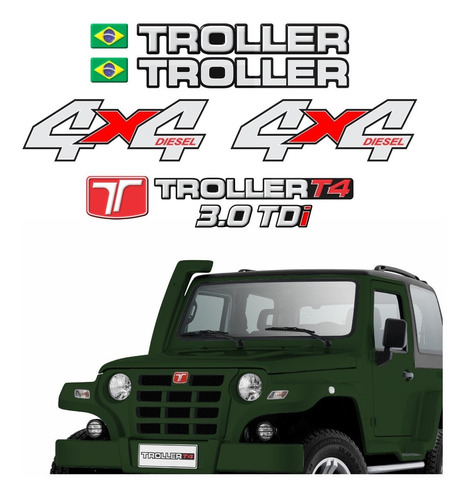 Kit Adesivos Emblema Troller T4 4x4 Diesel 3.0 Tdi 2009 Completo Carro Verde Trl09