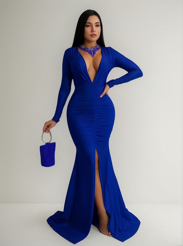 Vestido Sexy De Sirena Ajustado Con Cuello En V Profundo Par